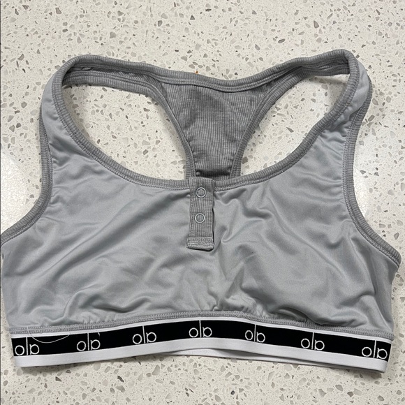 ALO Yoga Grey Ribbed Racerback Sports Bra with Logo Band - Picture 4 of 4